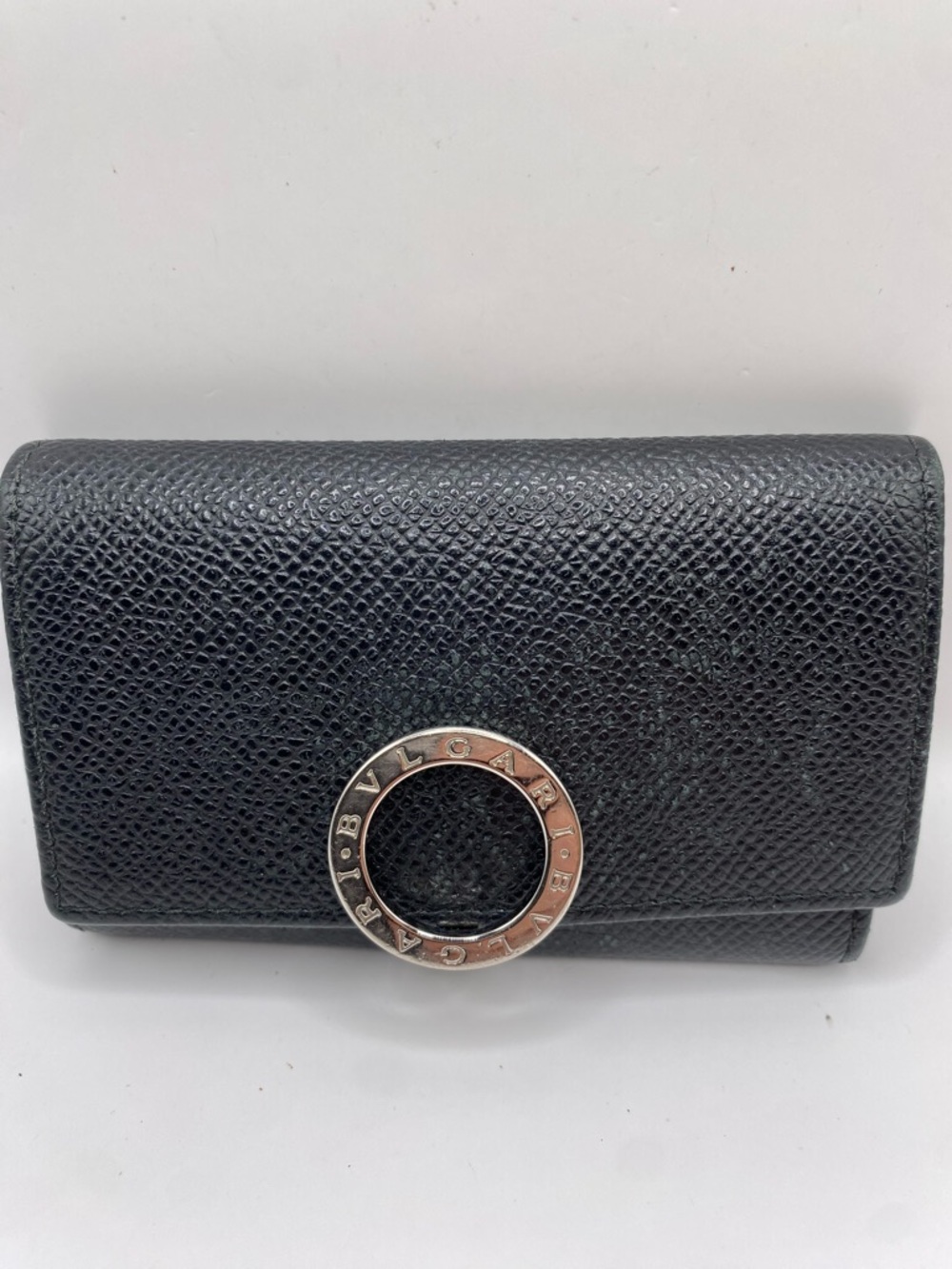 Bulgari Black Textured Leather Compact Circle-Emblem key holder